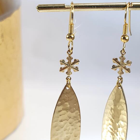 Gold Hammered Dangle Earrings with Snowflake Charm, Boho Chic Jewelry Design - Picture 5 of 10